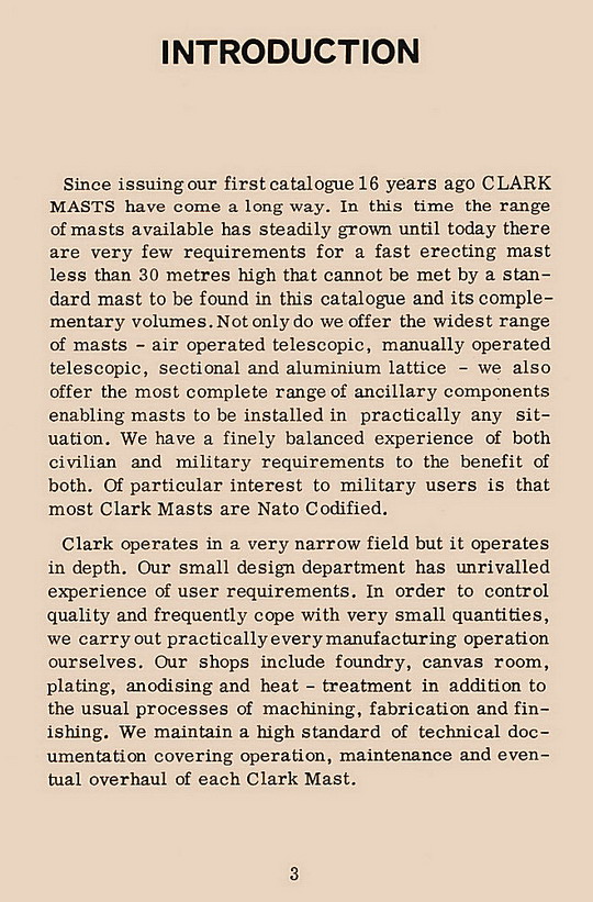 Clark Masts 1970's Catalogue Page 3 - Introduction