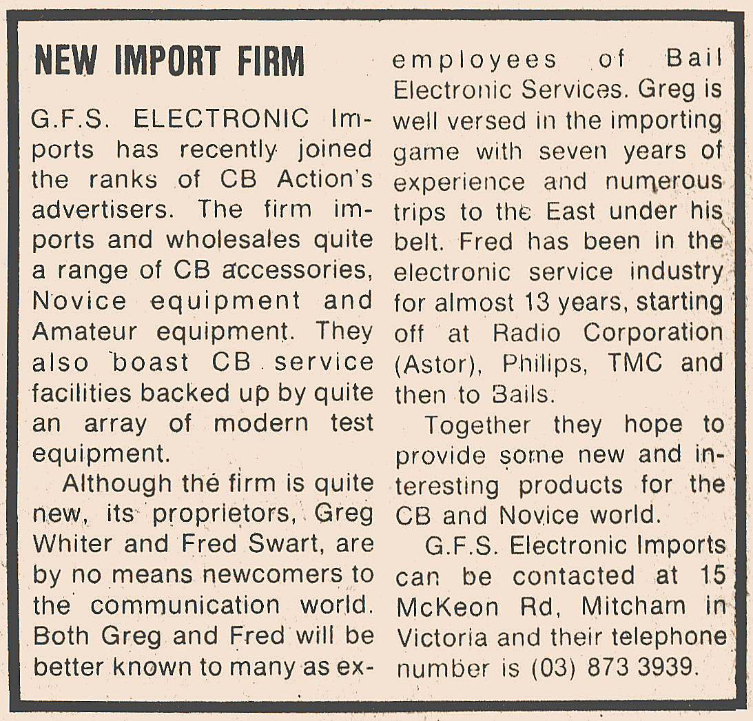 Advertisement in CB Action Magazine Announcing GFS Electronics